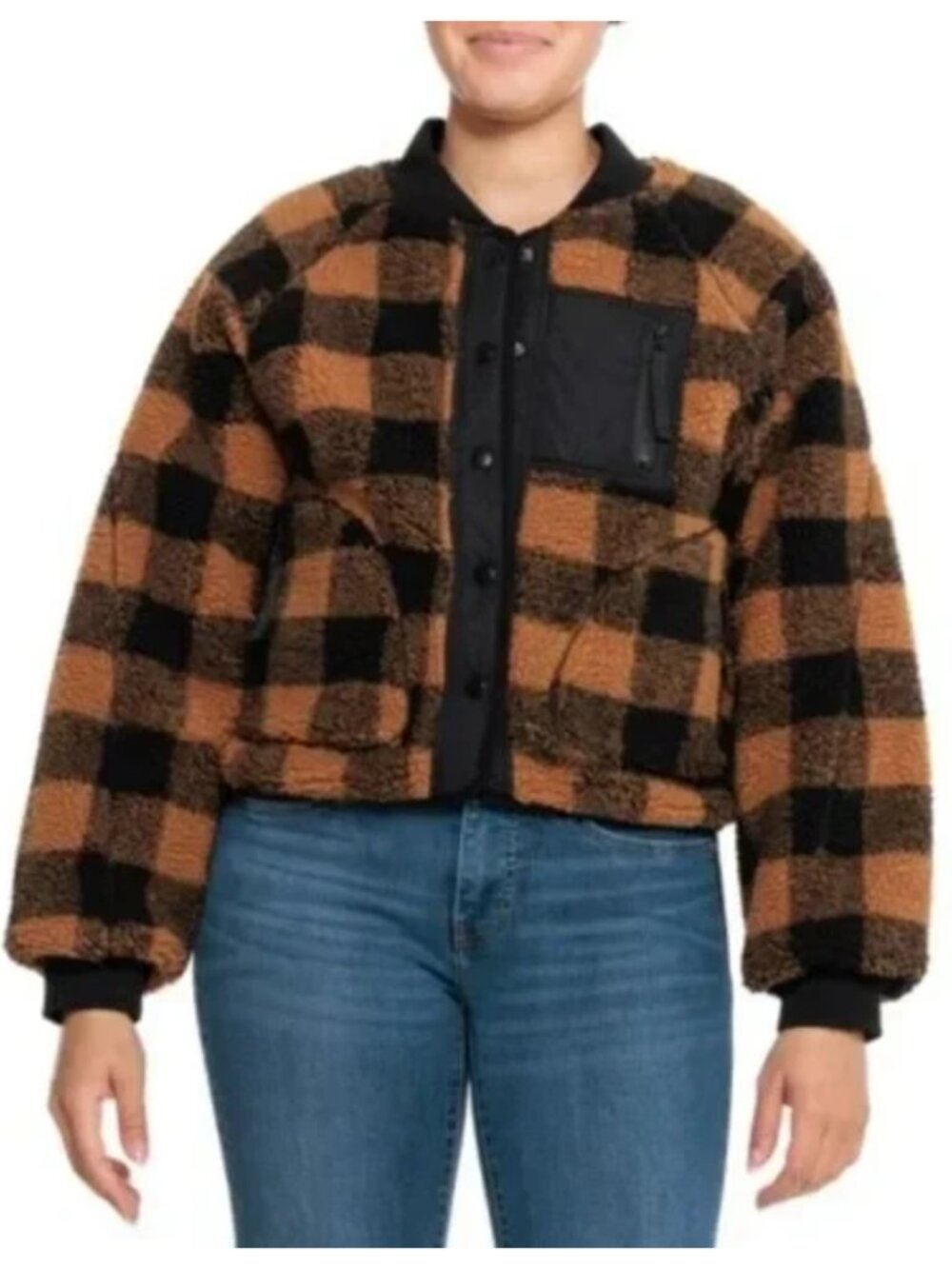 Blank NYC Black Brown Checkered Fleece Snap Jacket sz M